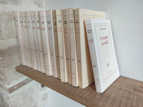 a row of books sitting on a shelf at Villa Marie in Courçon
