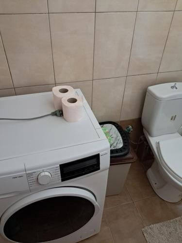 a washing machine with two rolls of toilet paper on it at Epanomi apartment in Epanomi