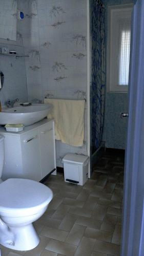 une salle de bain avec des toilettes blanches et un lavabo dans l'établissement T2 dans maison de village, à Ganges