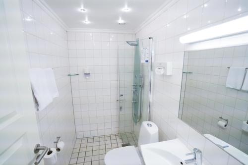 a bathroom with a shower and a toilet and a sink at Golf Hotel Viborg in Viborg