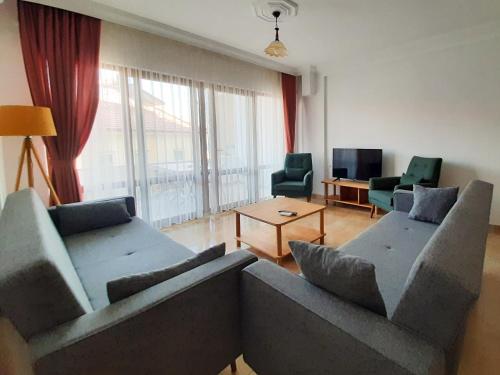 a living room with two couches and a tv at #481 - Spacious 3BR Duplex with Private Garden in Datca