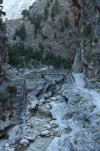 a bridge on a mountain next to a river at Artemisa House in Agia Roumeli