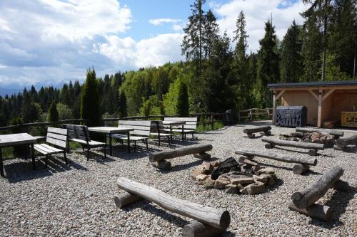 a group of picnic tables and a fire pit with logs at Hotel Bania Thermal & Ski in Białka Tatrzanska