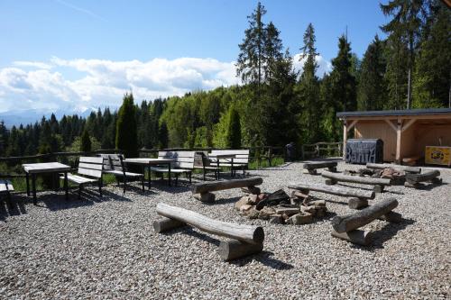 a picnic area with tables and chairs and logs at Hotel Bania Thermal & Ski in Białka Tatrzanska