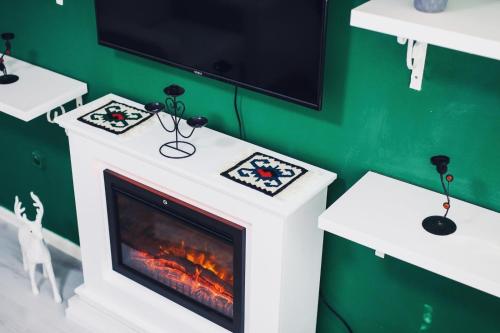 a fireplace with a tv on a green wall at Forest Central Sarajevo in Sarajevo
