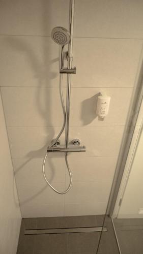 a shower with a shower head in a bathroom at Hotel Märkischer Hof in Luckenwalde
