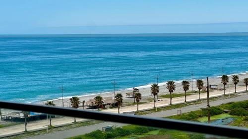 a view of a beach with palm trees and the ocean at Sea Romantic Apartment in Gonio