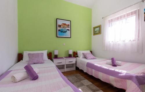 VrijaciにあるVilla Marija Desne by Villas Guideの紫と緑の壁の客室内のベッド2台