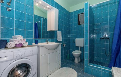 VrijaciにあるVilla Marija Desne by Villas Guideの青いタイル張りのバスルーム(洗濯機付)