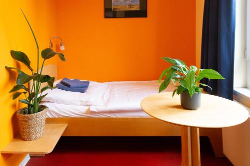 an orange room with a bed and two potted plants at Schanzenstern Altona GmbH in Hamburg