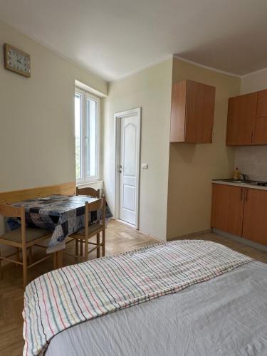 a room with a kitchen with a table and a dining room at Seas the Day Studio in Herceg-Novi