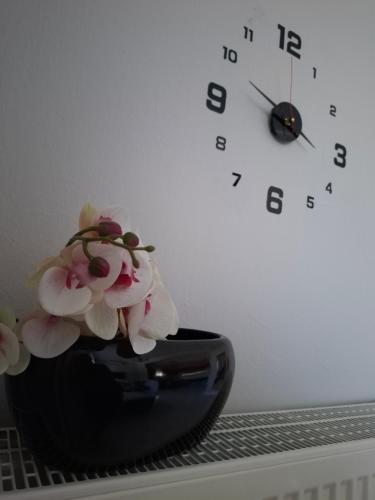 a black vase with flowers in it next to a clock at Titi's home in Ofrínion