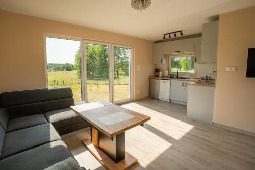 a living room with a couch and a table at Domek wakacyjny Średnia Huta in Warlubie