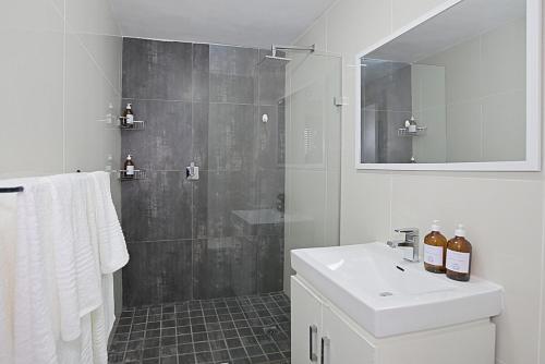 a bathroom with a shower and a sink and a mirror at Mountain and Oceanview at Blouberg in Cape Town