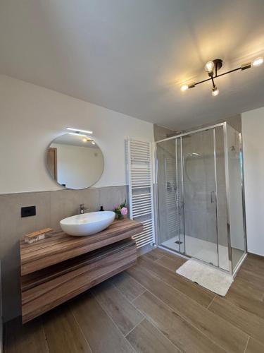 a bathroom with a sink and a glass shower at Cascina Barbei in Camerana 