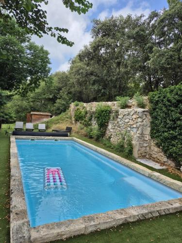 - une piscine avec un radeau rose dans une cour dans l'établissement Chambre au coeur d'un Mas, à Montpellier