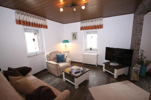 ein Wohnzimmer mit einem Sofa und einem TV in der Unterkunft Ferienwohnungen im Moseltal in Löf