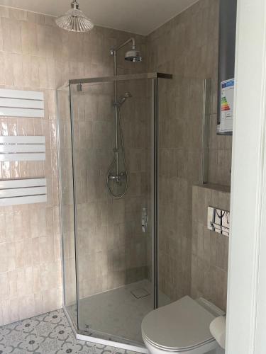 a shower stall with a toilet in a bathroom at La Jura in Podlesice