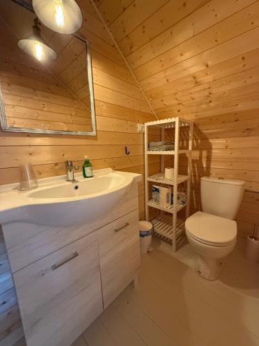 a bathroom with a sink and a toilet in a log cabin at Il Pruno - Exclusive Tent in San Giuliano Terme