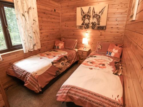 Un dormitorio con dos camas en una cabaña de madera. en Sycamore Lodge, en Saltburn-by-the-Sea