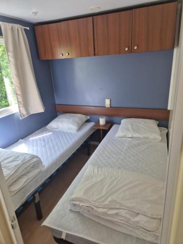 zwei Betten in einem Zimmer mit blauen Wänden in der Unterkunft Mobil-home 4 personnes in Bec-de-Mortagne