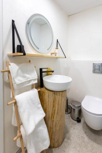 a bathroom with a sink and a mirror at Mont Blanc Apartment in Bansko