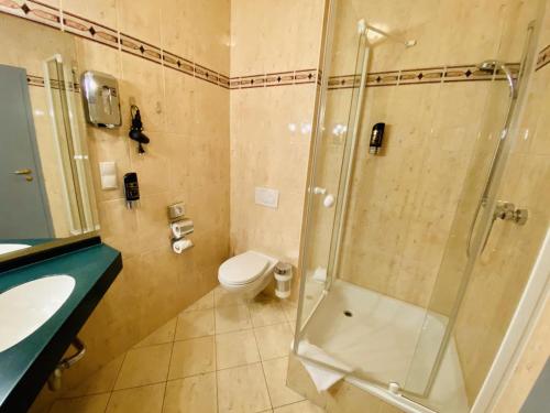 a bathroom with a shower and a toilet and a sink at Doppelzimmer Menue, direkt am Alten Strom in Warnemünde