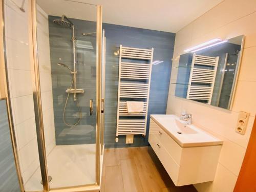 a bathroom with a shower and a sink at Sonnendeck, direkt am Leuchtturm in Warnemünde