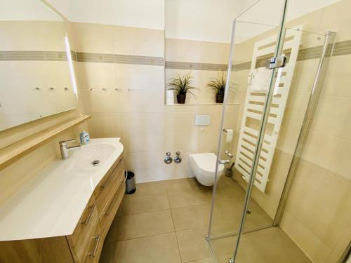 ein Badezimmer mit Dusche, Waschbecken und Toilette in der Unterkunft Berringer, Knurrhahn, direkt an der Promenade in Warnemünde
