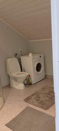 a bathroom with a toilet and a washing machine at Tess på Nöddö in Strömstad