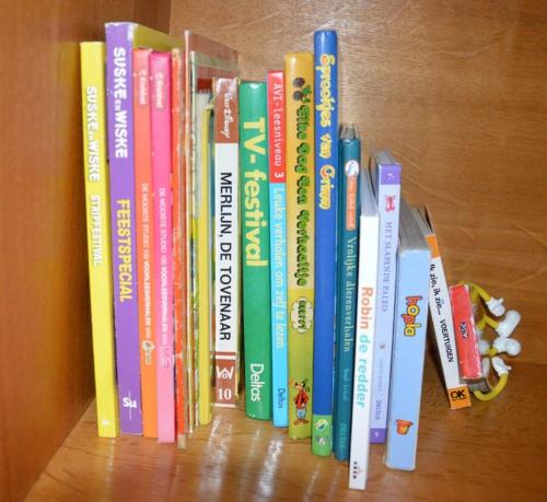a row of books sitting on a book shelf at Charming Belgian Getaway, vakantiewoning in Oudsbergen - 3 Bedrooms Garden in Oudsbergen 