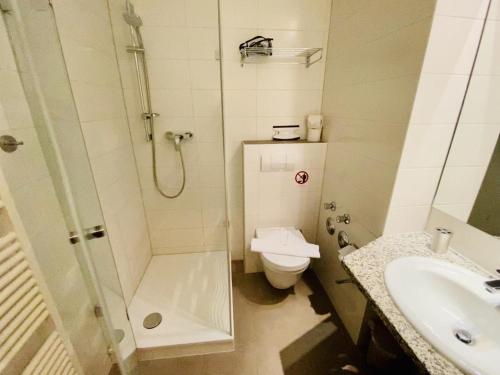 a bathroom with a shower and a toilet and a sink at Landhaus Immenbarg, Sonne in Warnemünde