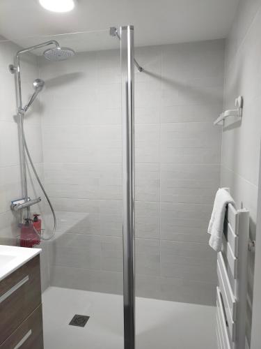 une douche avec une porte vitrée dans une salle de bain dans l'établissement Apt T3, 2ch, tout à pied, 50m plage, Pointe du Bec, à Pornichet