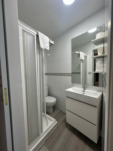 a bathroom with a toilet and a sink and a shower at Hostal Restaurante Boccalino in León