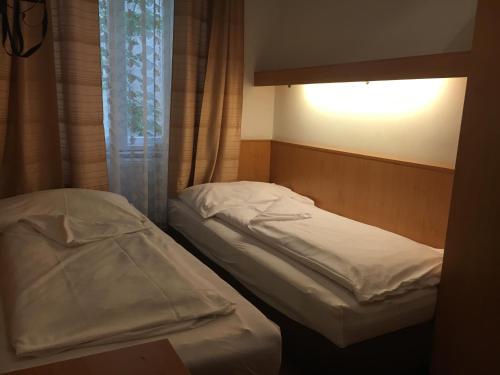 two beds in a small room with a window at Pension Ani-Falstaff in Vienna