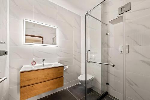 Un baño con inodoro, lavabo y ducha. en Luxury 4 Bedroom apartment, Pool, Private beach, Jan Thiel, en Willemstad