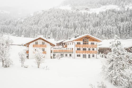 a house in the snow with trees in the background at New Opening Penthouse Zirm in Selva dei Molini