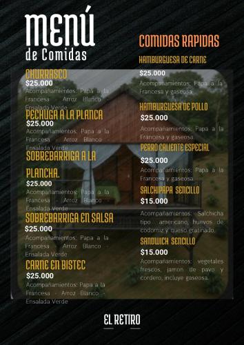 a flyer for the menu of a restaurant at Cabaña Familiar en Guaduas in Guaduas