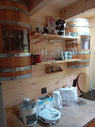 a kitchen with wooden walls and a counter top at Vile Bliznakinje in Vinci