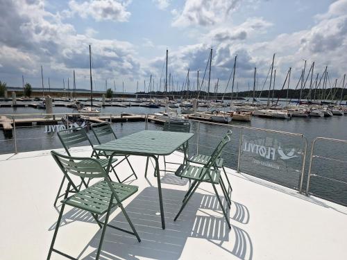 une table et des chaises sur une terrasse avec un port de plaisance dans l'établissement Bateau Panoramique sans permis Lac du Der - Giffaumont, à Sainte-Livière