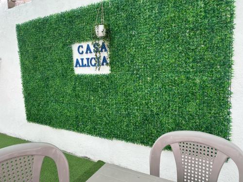 a green wall with a sign and two chairs at Casa Alicia Hostal Antigua Guatemala in Antigua Guatemala