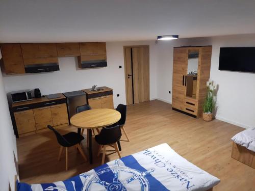 a small room with a kitchen and a table and chairs at MOJA OSTOJA APARTAMENTY & KAJAKI - Spływy Kajakowe Rzeką Krutynią in Ruciane-Nida
