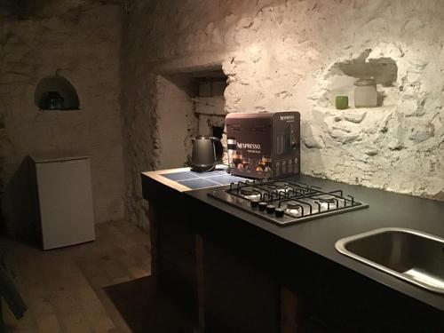 La cuisine est équipée d'une cafetière et d'une cuisinière. dans l'établissement Le Mas de l’Amandier, à Ribaute-les-Tavernes