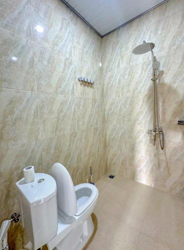 ein Badezimmer mit Toilette und Dusche in der Unterkunft The Tjokro Villa Dieng in Diyeng