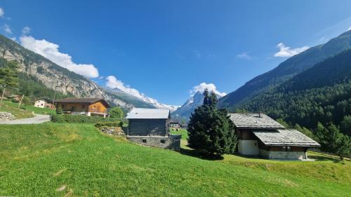 a green field with houses and a mountain at La Granzeta - Chalet- Authentique - Evolene in Evolène