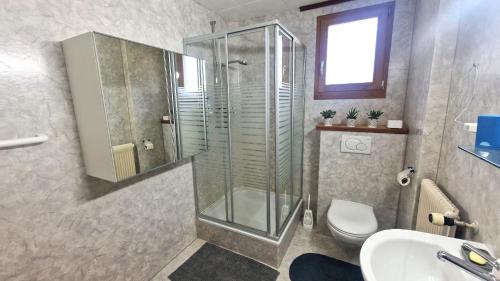 a bathroom with a shower and a toilet and a sink at Beau Sejour 3- Appartement 6 personnes- Evolene in Evolène