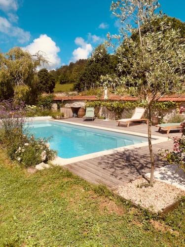 - une piscine avec 2 chaises longues et un arbre dans l'établissement Le domaine aux herbes folles, à Stigny