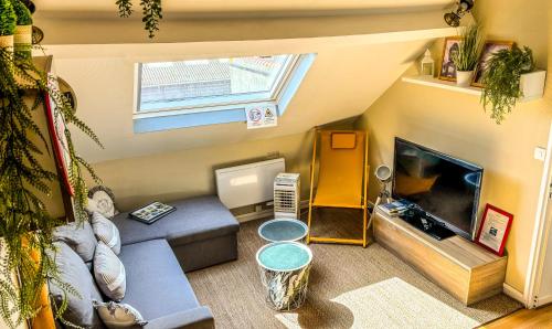 a living room with a couch and a fireplace at Appartement agreable et zen in Boulogne-sur-Mer