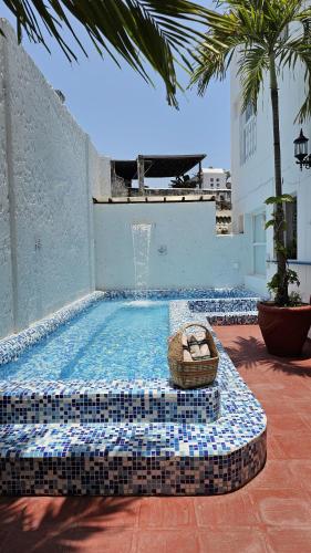 a swimming pool with a basket in the middle of it at Hotel Kartaxa in Cartagena de Indias