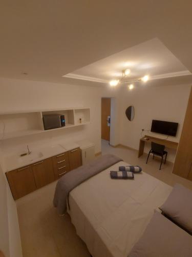 a bedroom with a large bed and a desk at Studio ao lado do Museu do Amanhã in Rio de Janeiro